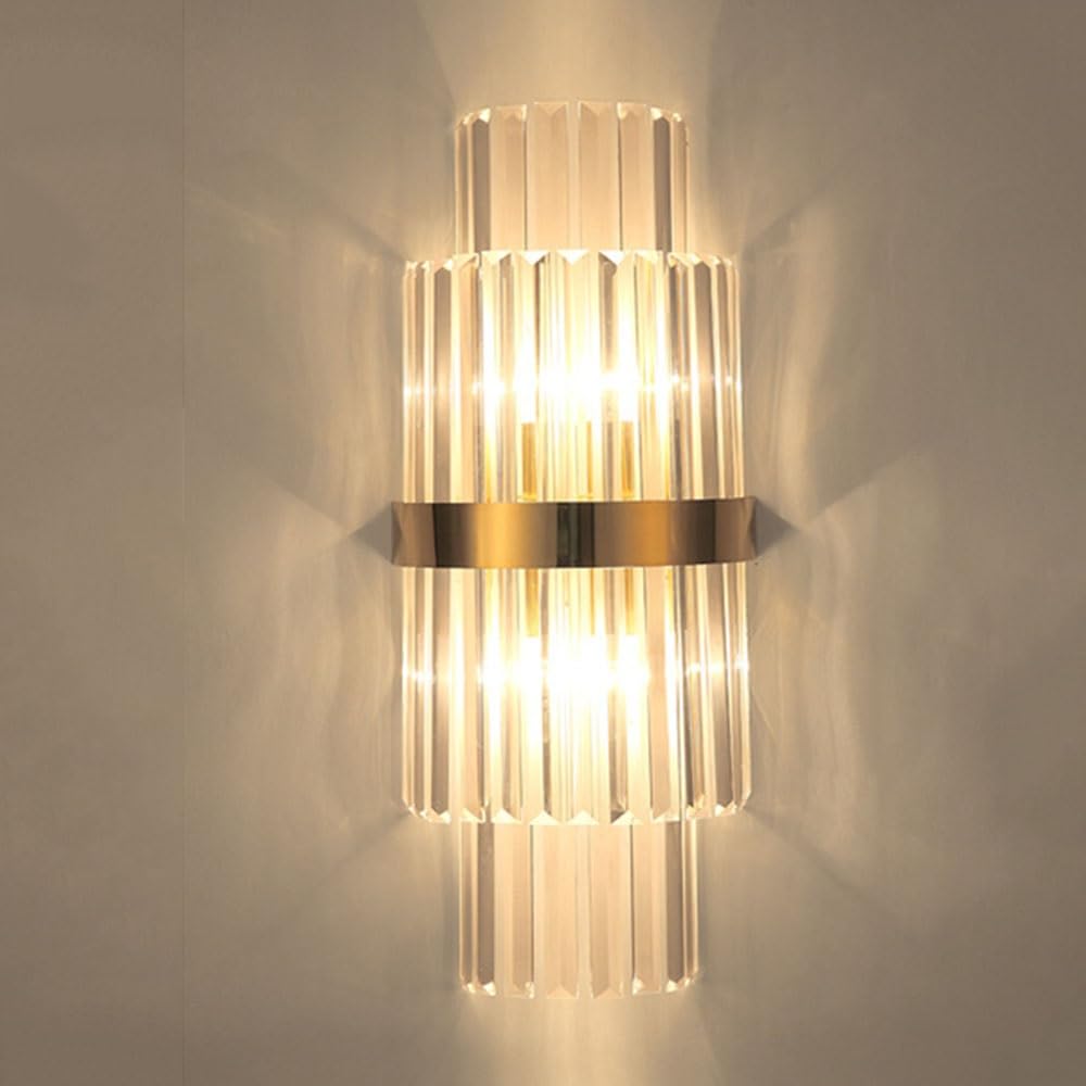 FEITENGDA Modern Gold Finish Metal Accent Wall Sconce Nordic Minimalist Crystal Shade Wall Lamp Indoor Bedside Decor Wall Mount Light for Bedroom Living Room Hallway Study