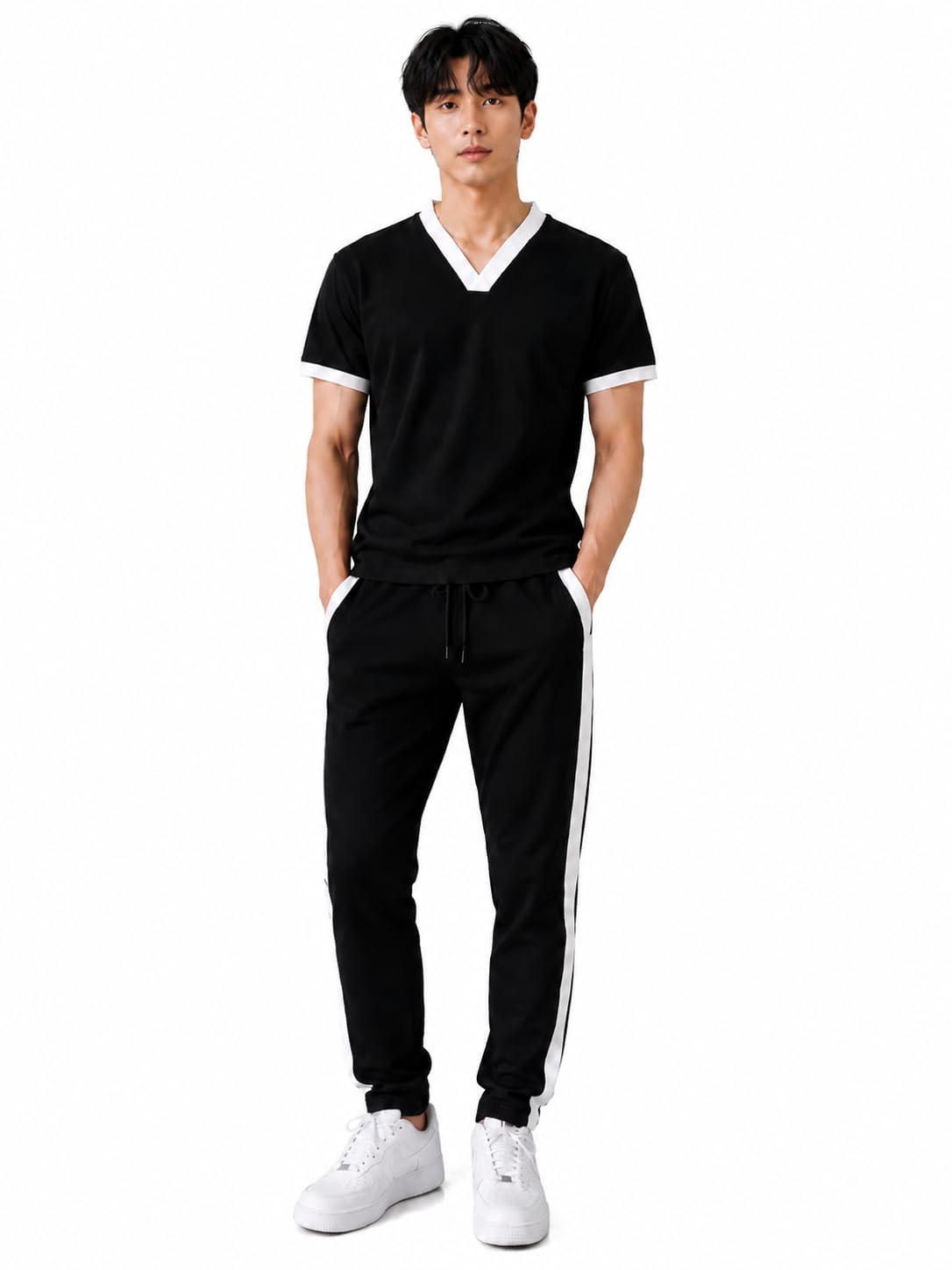 the baba's store Men’s Black Tracksuit Set with White Side Stripe | V-Neck Half Sleeve T-Shirt & Slim Fit Jogger Pants | Casual Gym Wear Sportswear Co-Ord Set for Men (IN, Alpha, M, Regular)-picture-56