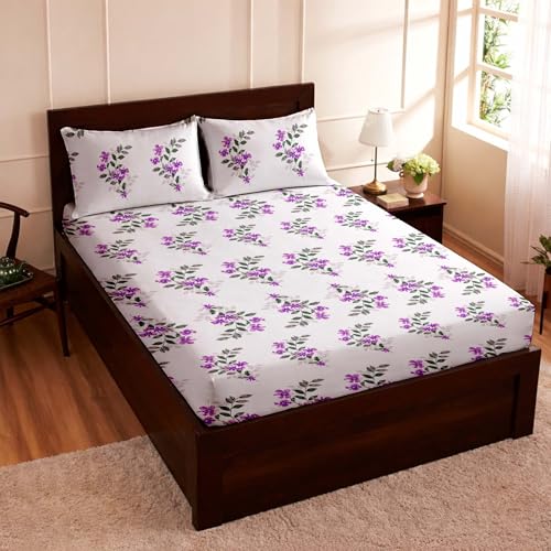 Image of Raymond Bedsheet 100% Cotton Feel Bedsheets 200 TC for Double Bed King Size (108 x108 Inch) with 2 Large Size Pillow Covers | Soft & Breathable | Wrinkle-Free | Premium Printed Design Purple