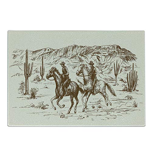 Lunarable Western Cutting Board, Country Theme Hand Drawn Illustration of American Wild West Desert with Cowboys, Decorative Tempered Glass Cutting and Serving Board, Large Size, Umber Cream Lunarable Western Cutting Board, Country Theme Hand Drawn Illustration of American Wild West Desert with Cowboys, Decorative Tempered Glass Cutting and Serving Board, Large Size, Umber Cream