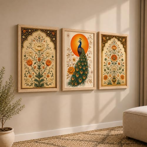 Image of NoWorries Floral Peacock Wall Art Set of 3 Framed Prints | Indian Traditional Botanical Painting, Royal Peacock & Lotus Flower Poster, Vintage Rajasthani Wall Decor for Living Room Bedroom Home (Synthetic Engineered Wooden Frame) (MIN -1, 21x31 inches)