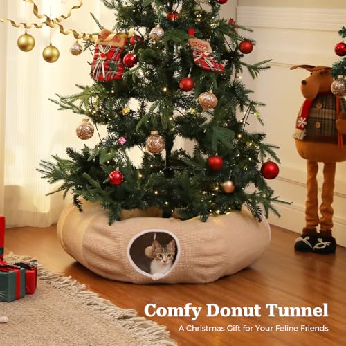 Image of PEQULTI Cat Donut Tunnel with Bed for Indoor Cats, Cat Play Tunnel with Washable Soft Plush Mat, Round Tube Toys Cute Tube for Kittens, Puppies, Rabbits and Ferrets, Beige