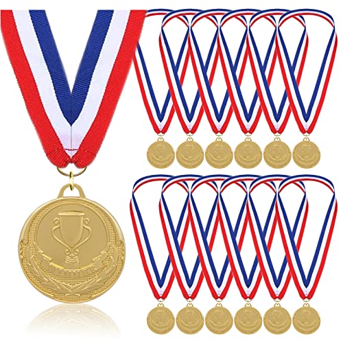 12 Pieces Gold Medals for Awards - Winner Medal Metal with Neck Ribbon Prizes for Kids, Adults, Sports Day, Spelling Bees, Competitions, Party, 2 Inches