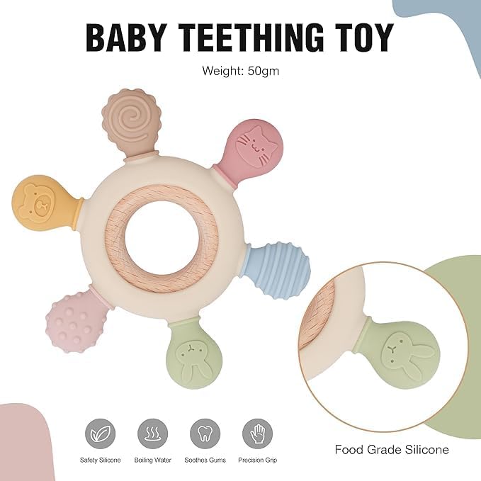 Sohansh Baby Wooden & Silicone Teether Ring, BPA Free Food Grade Silicone Teething Toy for Soothing Baby Gums 3
