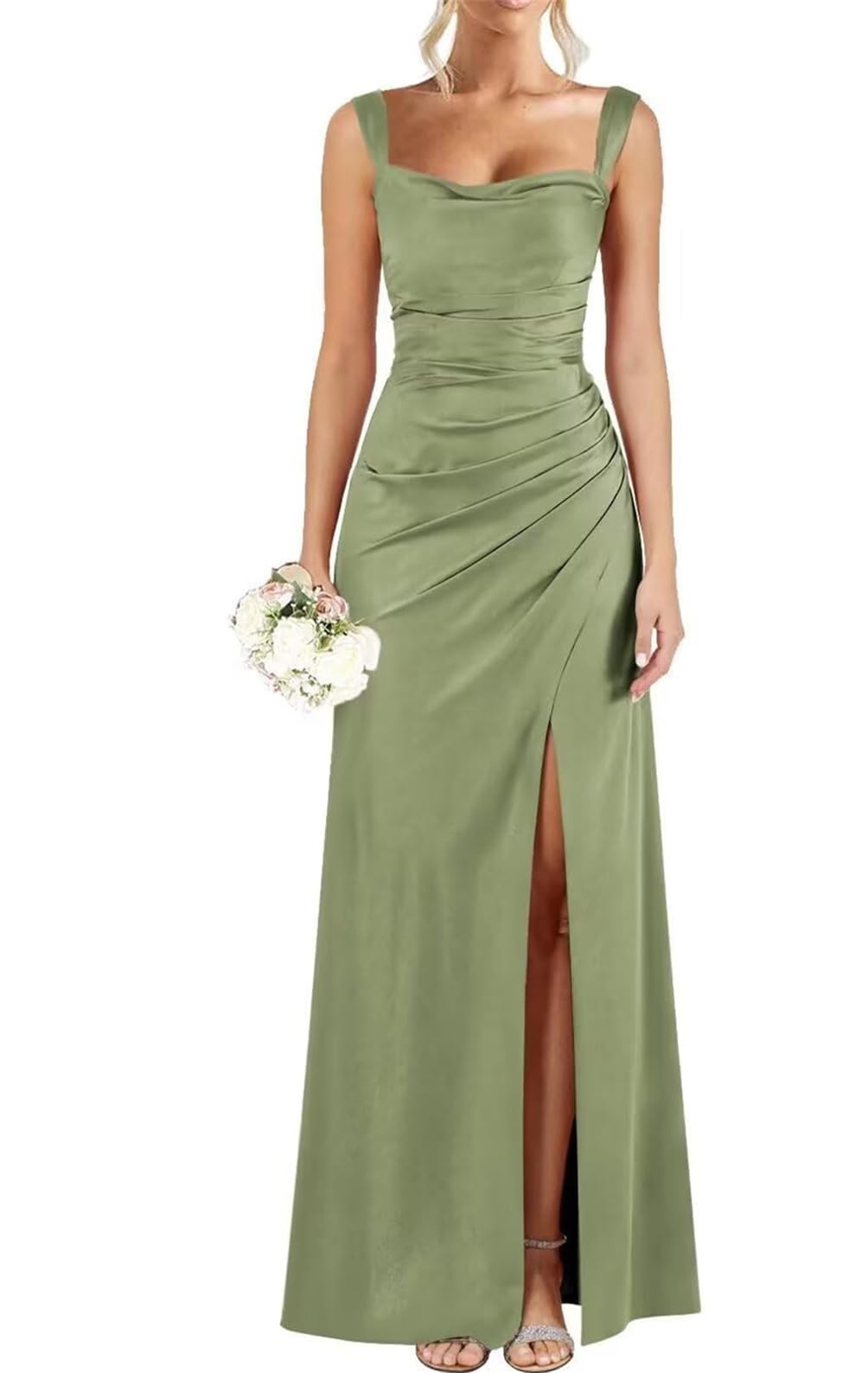 WSEYU Spaghetti Straps Satin Bridesmaid Dresses for Wedding Guest with Slit Formal Evening Prom Party Maxi Gown ZMKI371 Sage Green UK18