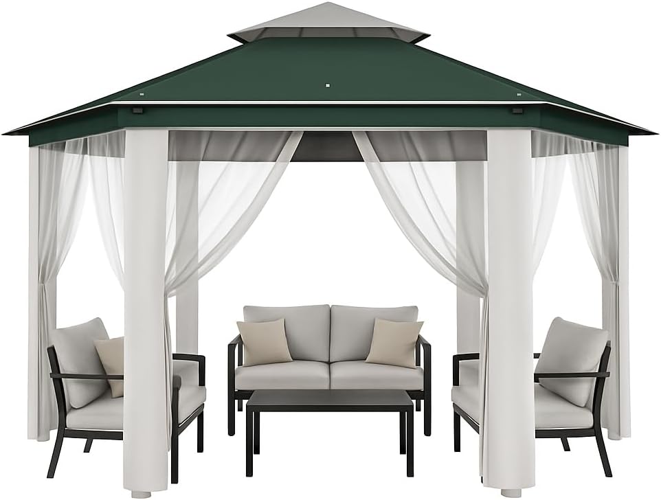 13x13 Hexagon Pop Up Gazebo, Outdoor Canopy Tent with Mosquito Net, Height Adjustable Canopy Gazebo, Large Shade Tent for Camping, Lawn, Backyard, Garden, Patio
