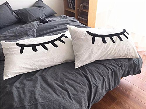 Riseon Cute 2 Pcs Cotton White Embroid Closed Eyes Sleeping Eye Lashes Eyelash Statement Pillow Cases Cover Standard Size Bedroom Pillowcases Valentine Gift-19 X 29 Inches #TOP7