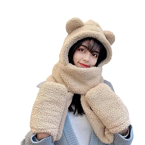 Juneyou Gorro con orejas de oso, bufanda 3 en 1, gorro de oso kawaii con orejas de oso, bufanda cálida para invierno, albaricoque, Talla única