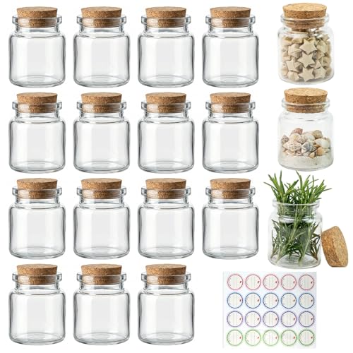 Lot de 18 mini flacons en verre (50 ml) avec bouchon liège – Petites bouteilles vides, pots à épices, flacons à souhaits – Pour cadeaux de mariage,...
