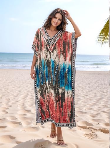 Image of IMAGEKOPE Kaftan Dresses for Women Plus Size Bathing Suit Cover up Vneck Batwing Dress Loose fit Moroccan Caftan mumu Dresses
