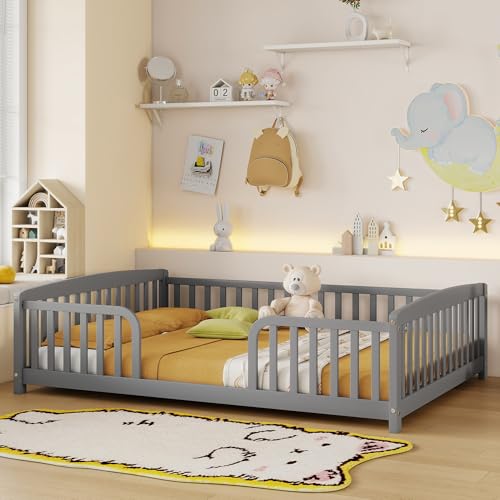 Image of Bellemave Full Size Montessori Floor Bed Frame with High Fence, Solid Wood Kids Floor Bed with Central Entrance, Low Profile Bed for Boys & Girls, Rounded Corner Design,Gray