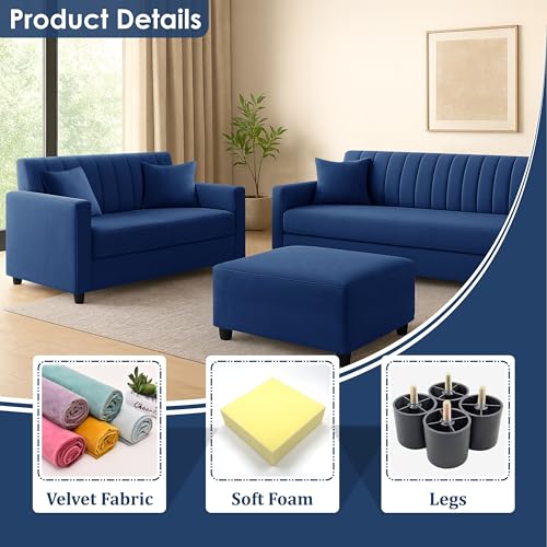 Image of 3+2 Fabric Sofa Set with Ottoman for Living Room | Modern Upholstered 5-Seater Couch | Soft Cushion, Premium Velvet Fabric-Blue