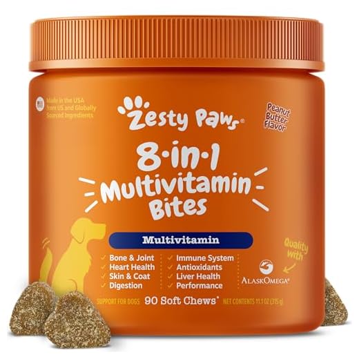 Zesty Paws Multivitamin Treats for Dogs, Glucosamine Chondroitin Joint Support + Digestive Enzymes & Probiotics, Grain Free Dog Vitamins and Supplements for Skin & Coat, Peanut Butter - 90ct