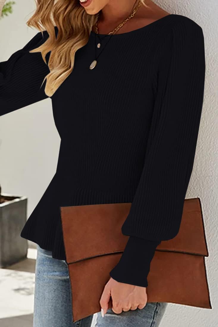 Womens Fall Puff Sleeve Peplum Casual Slim Fit Knit Pullover Sweater Jumper Tops - Image 5