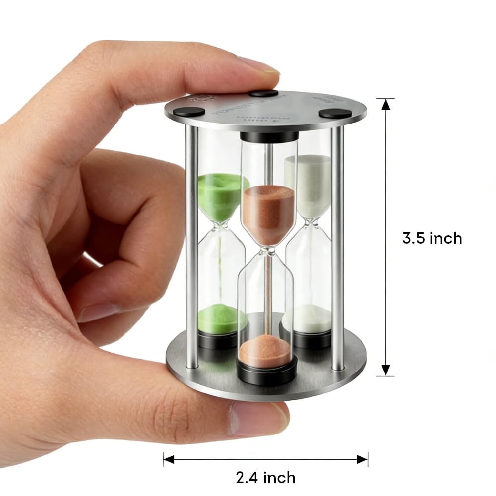 Lily's Home Minuteur à thé parfait 3 en 1 de 8,9 cm de haut, comprend des sabliers de sable de 3, 4 et 5 minutes, utilisation pour faire du thé ou garder le temps dans la cuisine, cadre en acier