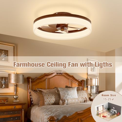 Image of VOLISUN Farmhouse Ceiling Fans with Lights and Remote, 19.7in Low Profile Ceiling Fan Flush Mount, 3000K-6500K Dimmable Bladeless LED Fan Light, Fandelier Ceiling Fans with Lights for Bedroom(Walnut)