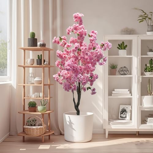 Garveehome Pink Cherry Blossom Tree, 5ft Tall Decorative Artificial Cherry Blossom Tree in Plastic Pot for Indoor Outdoor Home Office Party Wedding Housewarming Gift (Single Pole)