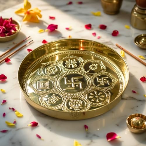 Image of DSH Pure Brass Puja Thali Plate With Embossed Design 8 Inch Best For Home Office Mandirtemple Weddings Diwali Spiritual Gift Item.(Pt-Br-Swastik-8K)