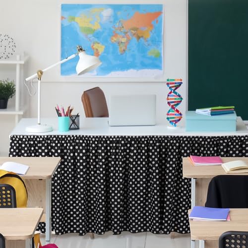 Image of Oudain 14 ft Black and White Polka Dots Table Skirt Cloths for Teacher Desk Boho Wrinkle Polka Dots Table Cover Skirt for Kindergarten Classroom Kidney Shaped Desk Back to School Supplies