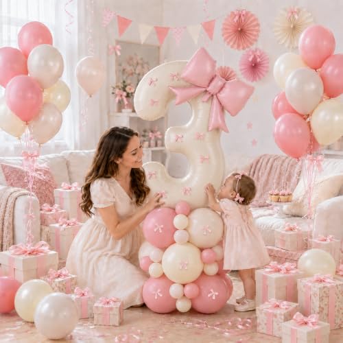 Image of 40 Inch Pink Beige Number 3 Balloon Tower with Bow 3rd Birthday Decorations