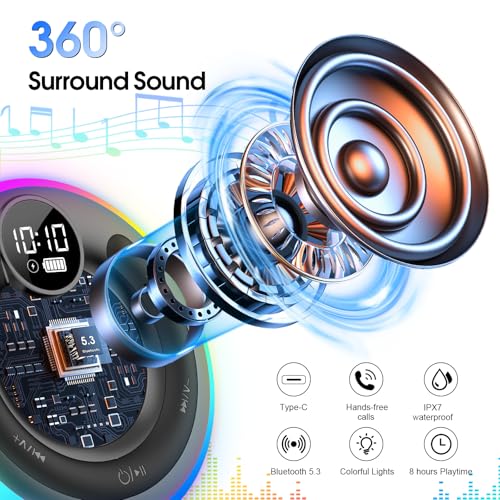Image of Bluetooth Speaker, Shower Speaker Stereo Sound, IPX7 Waterproof Speakers, Digital Display Portable Speaker with Suction Cup, LED Light, Small Wireless Speakers for Outdoor Party Beach Bathroom, Black