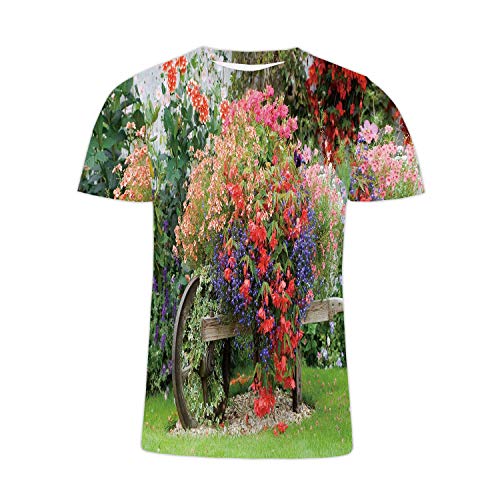 C COABALLA English Country Garden Flower Wheelbarrow Flower,Couple Cool Short Sleeve Crew Neck T-Shirt Formal Garden XL