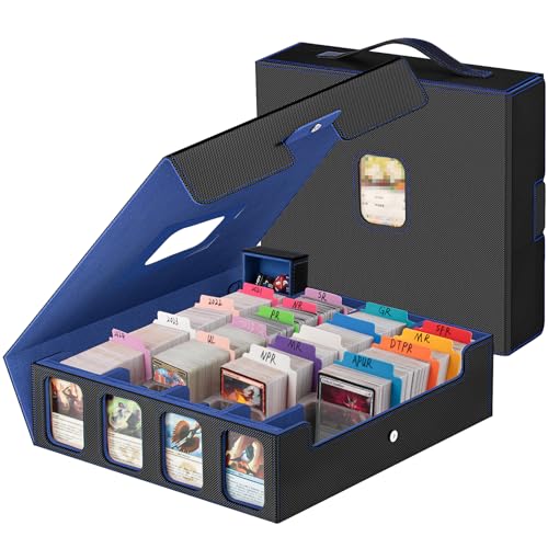Image of 3200+ Trading Card Storage Box with Commander Display, 4-Row TCG Card Box with Portable Handle, Compatible for TCG /MTG /Magic Cards, 30 Colorful Divider, 8 Supporters, US Design Patent (Black&Blue)