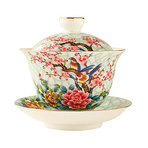 Ameolela Chinese Traditional Teaware Handmade Enamel Painted Porcelain Tea Cup Gaiwan Kungfu Tea bowl with Lid and Saucer - 5oz150ml