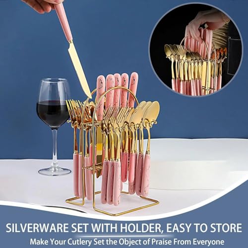 Image of Artek Stainless Steel Spoons, Forks & Knives Set of 24 with Stand and Ceramic Handle Golden Cutlery Set (Pink)