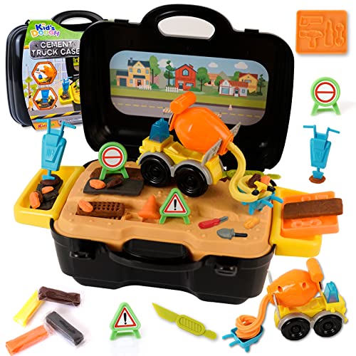 VBACALA Set de pâte àmodeler avec véhicules de Chantier, Accessoires de pâteà Modeler Jouets de Chantier avec Valise Portable, Outils de Pate à Modeler...
