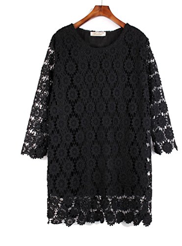 Robe de fleurs en dentelle YALI robe noire chic mi-longue évasée XL