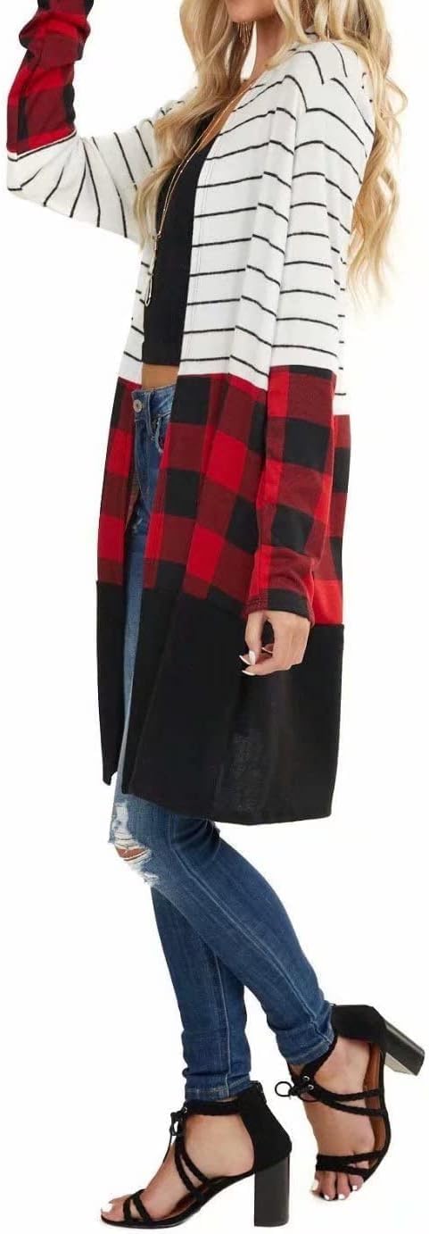 Lacozy Women's Open Front Long Cardigan Draped Snap Buffalo Plaid Shirt Kimono Cardigan Knit Sweater - Image 2