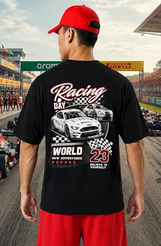 Image of Khakey Men's F1 Racing Graphic Printed Black T-Shirt | Formula 1 Back Print Drop Shoulder Tee | Motorsports Car Print Tshirt for Men & Women | Cotton Streetwear Tee's | Unisex Fit