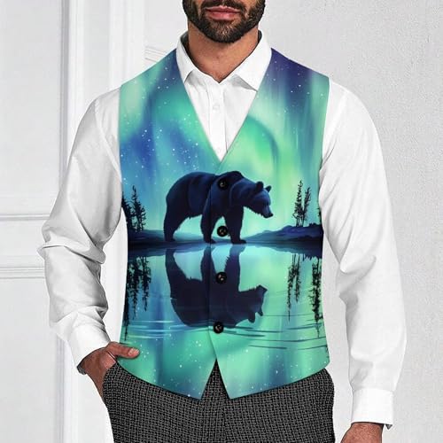 Bear Northern Lights Print Men's Suit Vests Dress Vest V-Neck Waistcoat Slim Business Formal with Pocket2