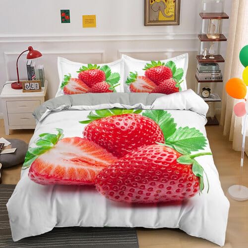 Housse de Couette Fraise Parure de Lit 90x190 Enfant Microfibres 110g