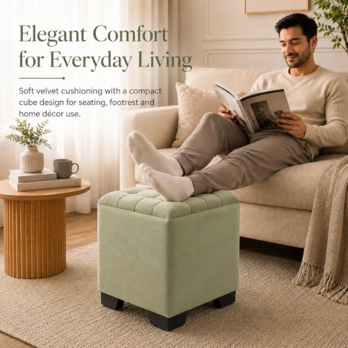 Image of Velvet Cube Ottoman | Seating Stool for Living Room | Soft Cushioned Footrest Stool with Durable Plastic Legs | Multipurpose Seating, Pouffe Home Decor, 12x12x14 inch (Light Green)