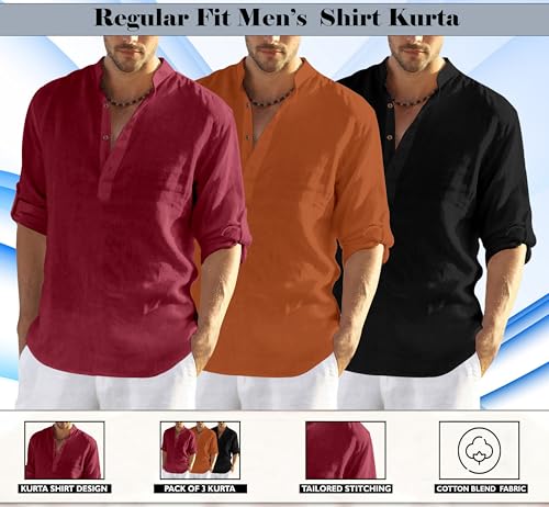 Image of Zombom Combo of Men's Solid Cotton Polyester Blend Full Sleeve Mandarin /Chinese Collor Straight Kurta Shirt (Pack of 3)