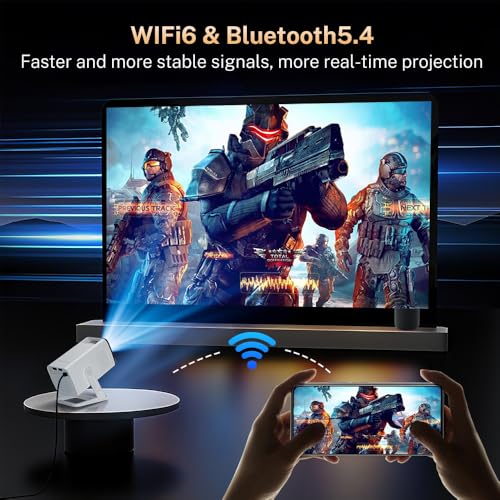Image of Mini Projector with WiFi 6 and Bluetooth 5.4 Built-in Apps for Bedroom Portable Projector Android 14 Smart Auto Keystone 1080P 4K Support Compatible with iOS /HDMI /TV Stick VisualCube 300 White