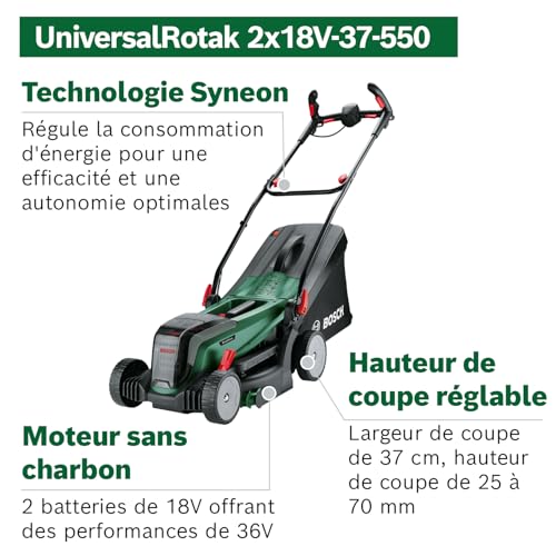 Tondeuse sans fil avec batterie 18 V largeur de coupe 37 cm hauteur de coupe 25 à 70 mm bac 40 Bosch UniversalRotak 2x18V 37 550 - vue 8