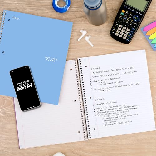 Image of Five Star Spiral Notebook + Study App, 5 Subject, College Ruled Paper, 8-1 /2 inch x 11 inch, 200 Sheets, Fights Ink Bleed, Water Resistant Cover, Pacific Blue (73635)