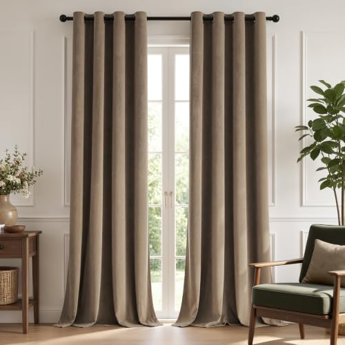 Image of TOPICK Soft Thermal Velvet Curtains Living Room Bedroom, Warm Taupe W46xL90 | Elegant Blackout Darkening Curtain 2 Panels 90 Inch Drop for Nursery, Home Office, Dining Room, Patio Door, Noise Reducing