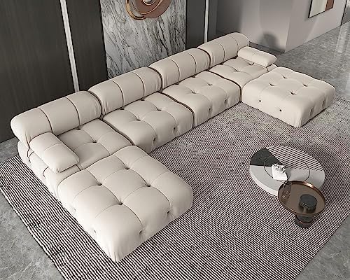 JACH 138" Modular Sectional Couch, U-Shaped Minimalist Velvet Sofas with Chaise Ottomans, Convertible Modern Deep 6-Seat Sofas Furniture for Living Room, Apartment (Beige) - Thumbnail 3