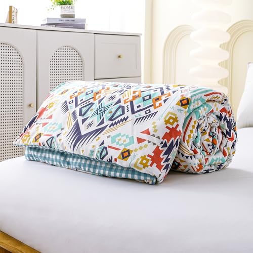 Image of Ac Comforter Single Bed Boho with Satin Finish 240 GSM - Reversible AC Comforter -White & Blue, Aztec /Bohemian Comforter Quilt Duvet Dohar Blanket for Summer150 X 225cm