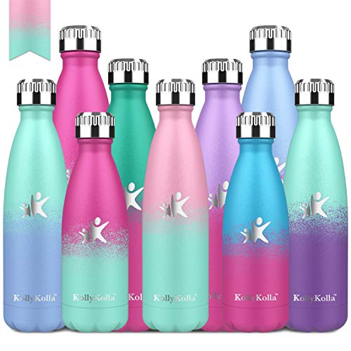 KollyKolla Vakuum Isolierte Edelstahl Trinkflasche, 500ml BPA Frei Wasserflasche Auslaufsicher, Thermosflasche für Kinder, Schule, Mädchen, Sport, Outdoor, Fahrrad, Büro (Rosa & Macaron Grün)
