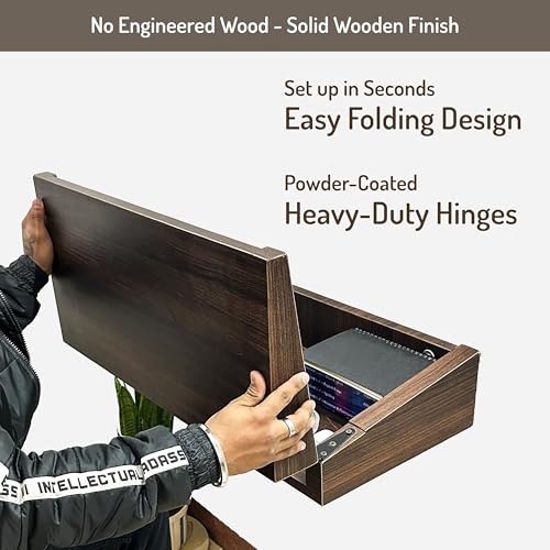 Image of Wall Mounted Folding Study Table (Not Engineered Wood) Walnut Wooden Table with Storage | Foldable Table for Home Office, Students, Laptop, Adults, Kids (Water & Termite Resistant)