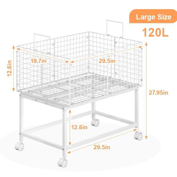 Image of Large Rolling Laundry Basket Cart,Wire Laundry Hamper Cart with Handle and Wheels,White High Laundry Hamper for Laundry Room,Bedroom and Bathroom-120L White (29.5 inchL*19.7 inchW*27.95 inchH inch)