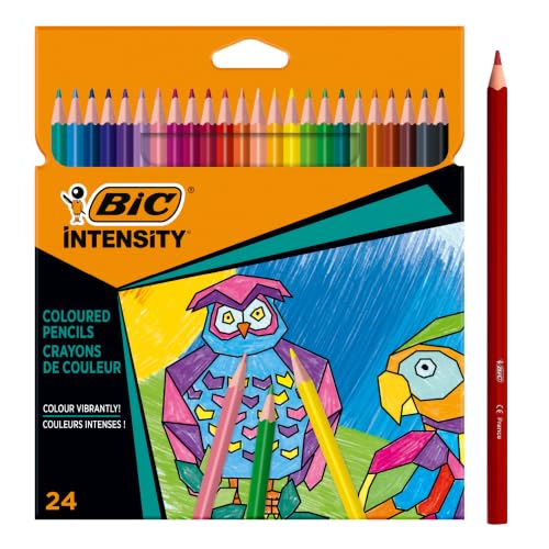 Matite colorate BIC Intensity, pastelli triangolari, matite colorate per dipingere in 24 colori, in custodia di cartone, piombo infrangibile e senza legno (la confezione può variare)