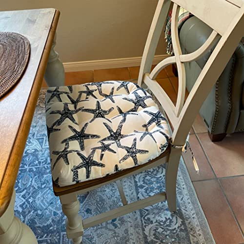 Barnett Home Decor Sea Shore Starfish Navy Blue Dining Chair Pad With Ties - Size Medium - Indoor - Outdoor Fade Resistant Water Repellant - Latex Foam Patio Cushion - Made In Usa (Nautical Beach) #TOP5