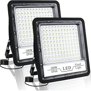2 Pack 100W LED Flood Light Outdoor, 10000LM Super Bright LED Work Lights Plug in, IP66 Waterproof Exterior Floodlight, 6500K Security Light for Patio, Backyard, Lawn, Stadium, Playground