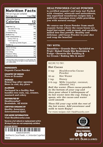 Image of Healthworks Superfoods Organic Cacao Powder - 80 Oz / 5 Lb - Cocoa Chocolate Substitute - Rich Chocolate Flavour - Sugar-Free, Keto, Vegan & Non-GMO - Peruvian Bean /Nut Origin - Antioxidant Superfood - Packaging May Vary